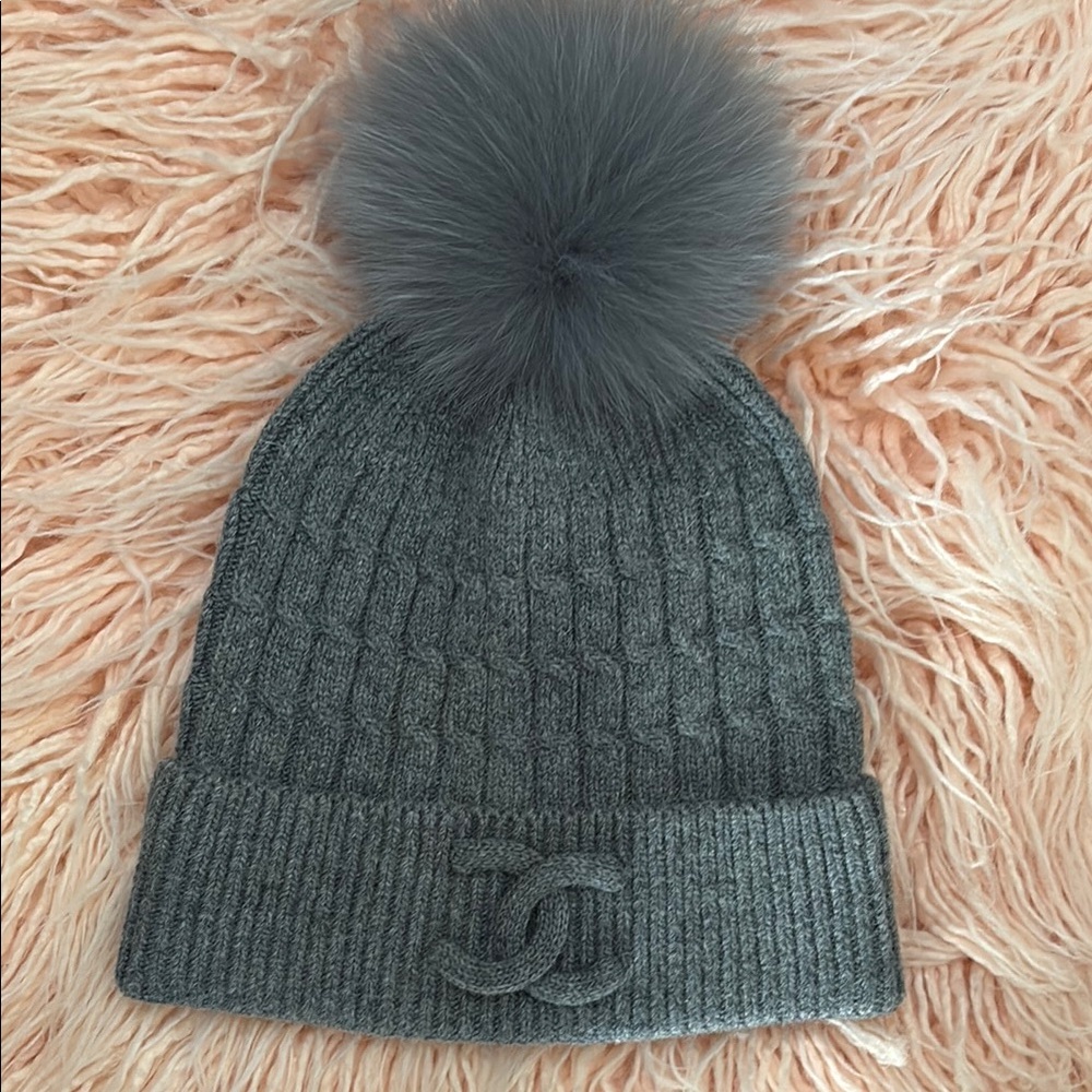 Chanel Gray Knit Beanie with Rabbit Hair Pom Pom